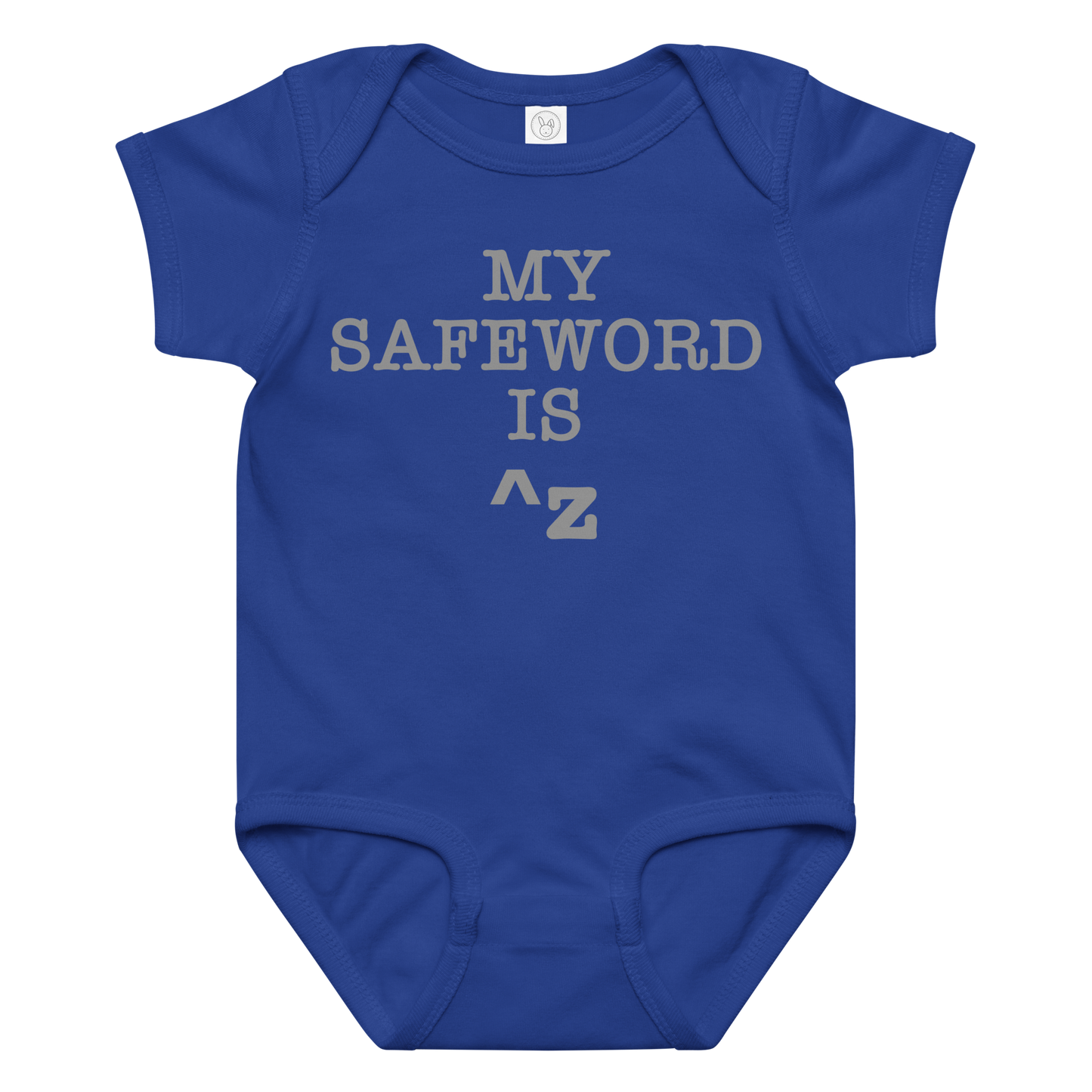 "My Safe Word Is ^Z" printed on a royal baby jersey bodysuit laying on a flat surface amongst other clothes