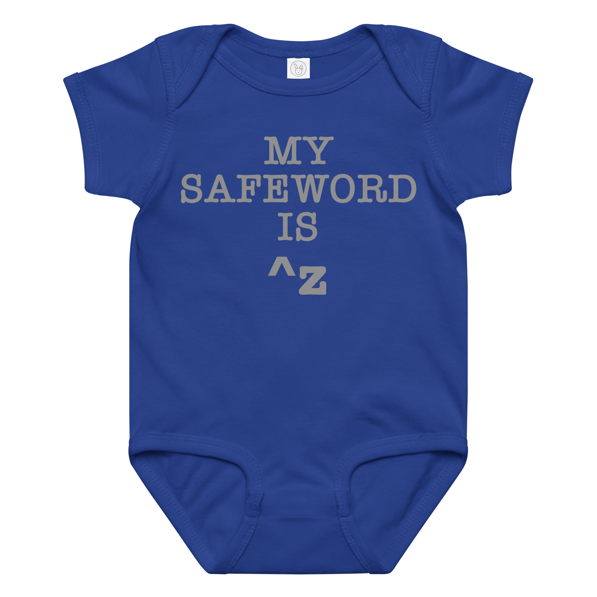 "My Safe Word Is ^Z" printed on a royal baby jersey bodysuit laying on a flat surface amongst other clothes