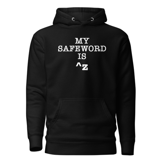 "My Safe Word Is ^Z" printed on a black on an invisible / simulated body