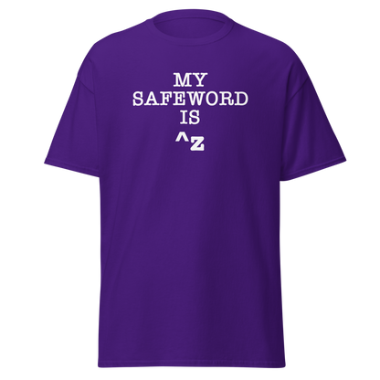 "My Safe Word Is ^Z" printed on a purple on an invisible body