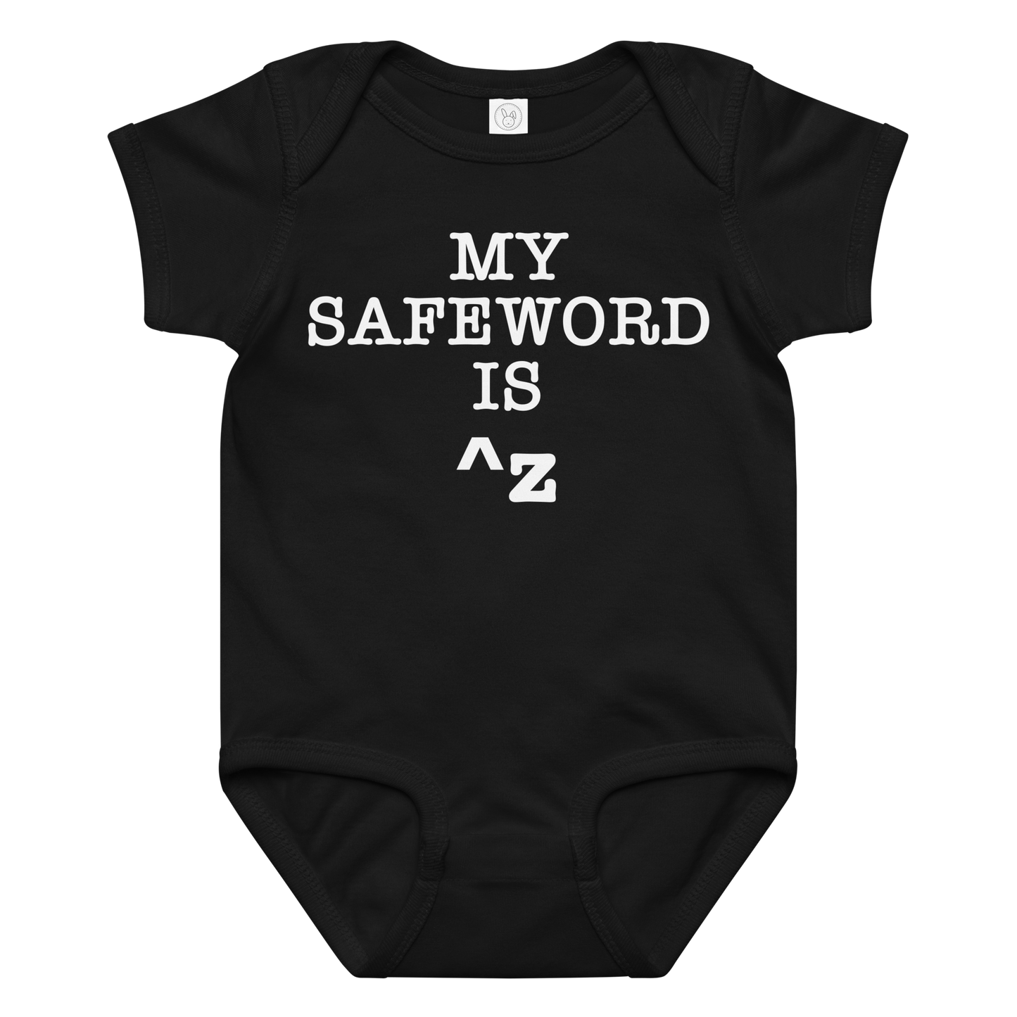 "My Safe Word Is ^Z" printed on a black baby jersey bodysuit laying on a flat surface amongst other clothes