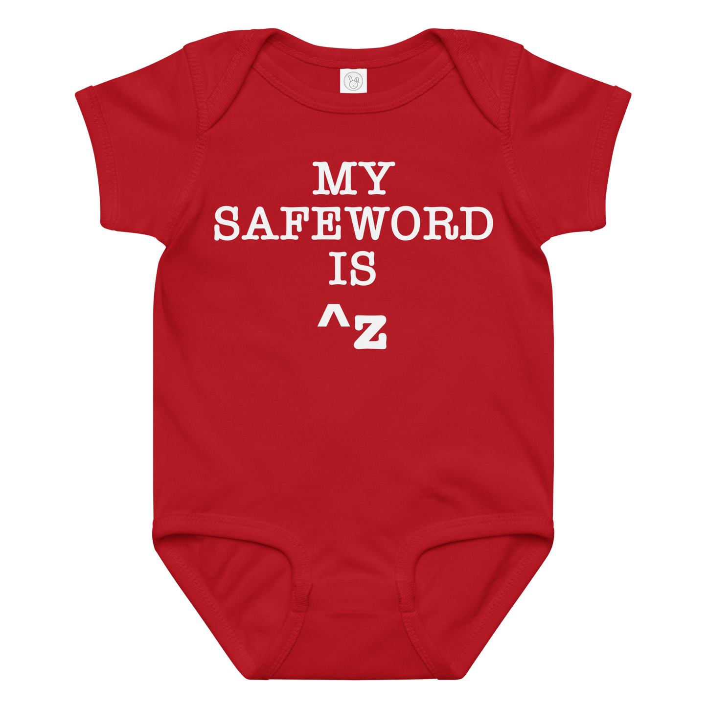 "My Safe Word Is ^Z" printed on a red baby jersey bodysuit laying on a flat surface amongst other clothes