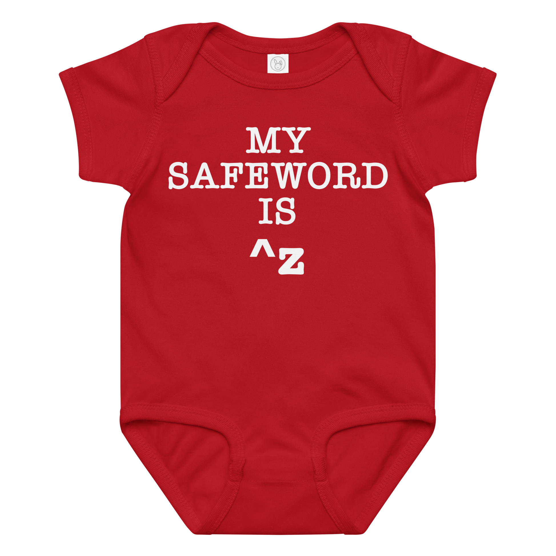 "My Safe Word Is ^Z" printed on a red baby jersey bodysuit laying on a flat surface amongst other clothes