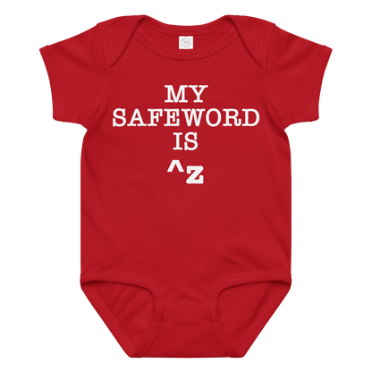 "My Safe Word Is ^Z" printed on a red baby jersey bodysuit laying on a flat surface amongst other clothes