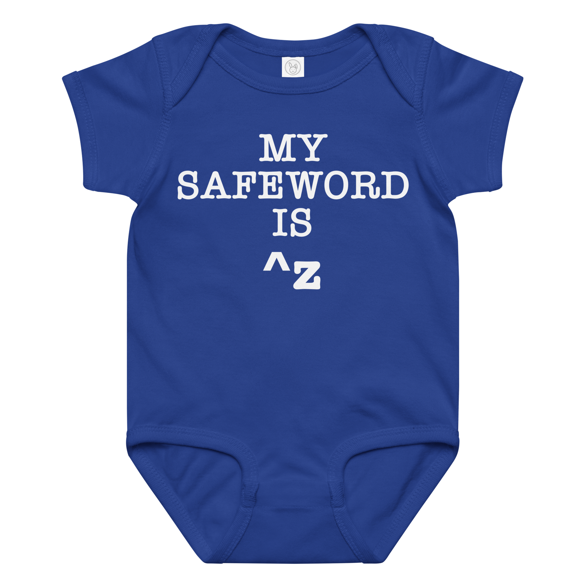"My Safe Word Is ^Z" printed on a royal baby jersey bodysuit laying on a flat surface amongst other clothes