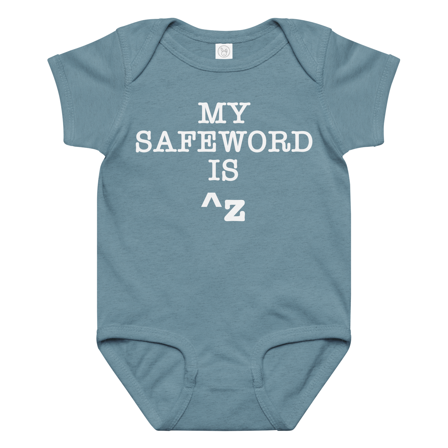 "My Safe Word Is ^Z" printed on a vintage indigo baby jersey bodysuit laying on a flat surface amongst other clothes