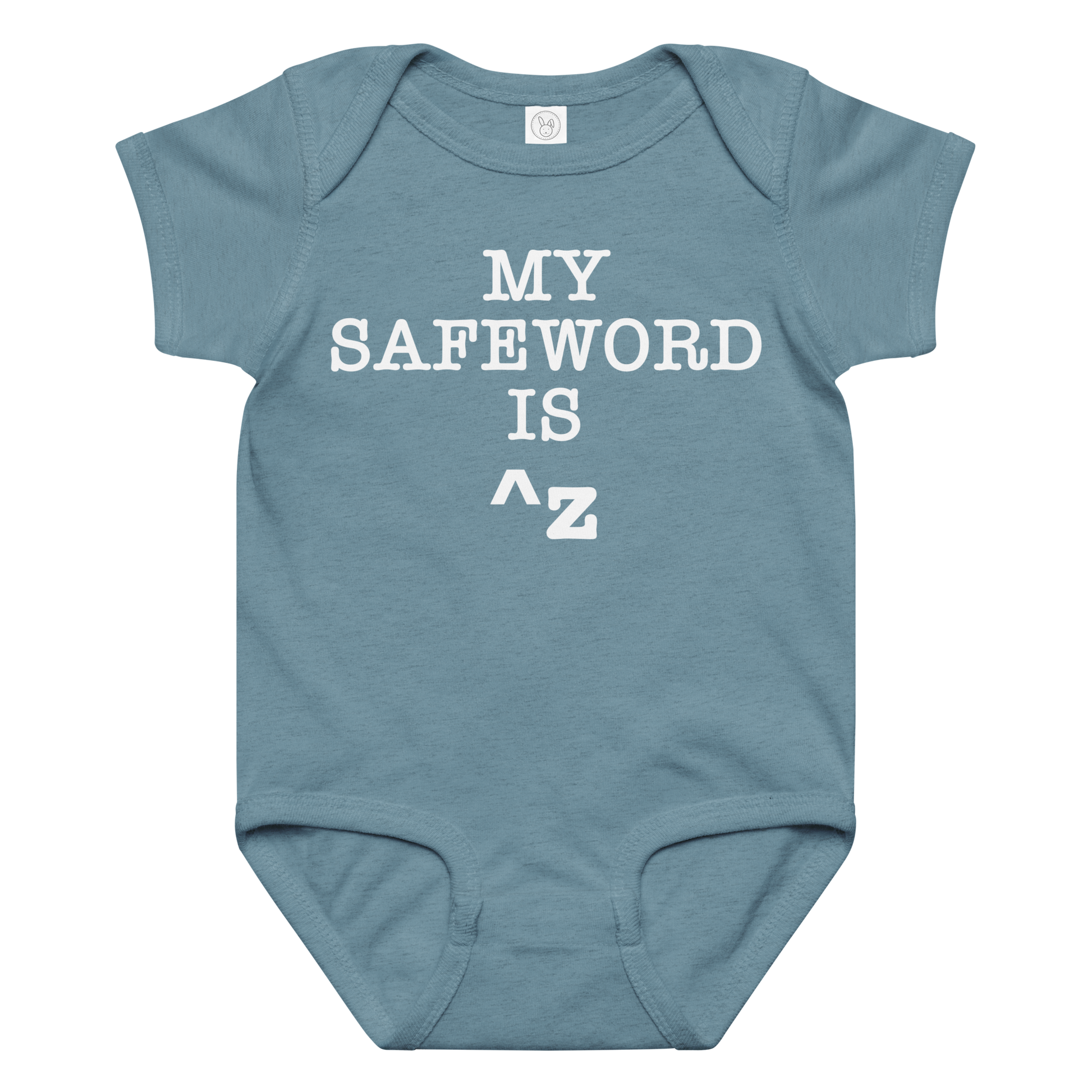"My Safe Word Is ^Z" printed on a vintage indigo baby jersey bodysuit laying on a flat surface amongst other clothes
