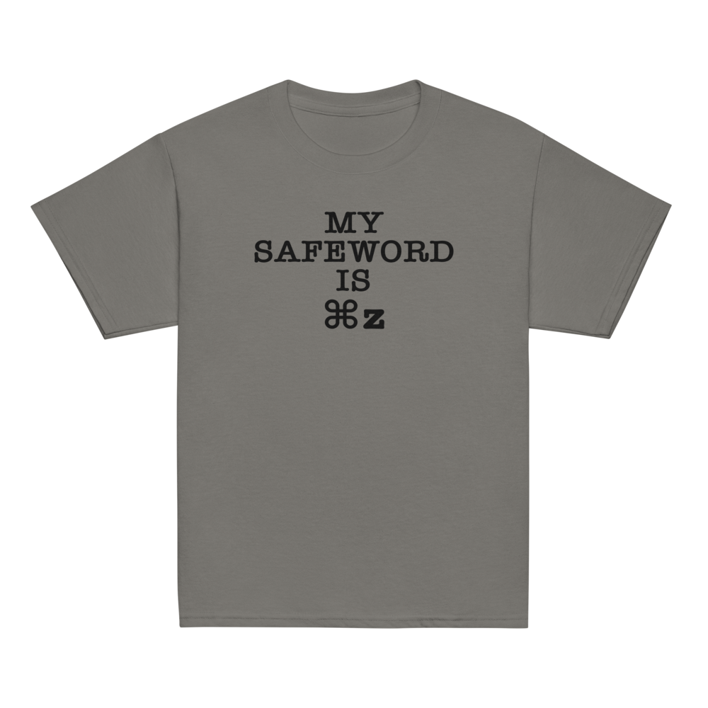 "My Safe Word Is ⌘Z" printed on a charcoal youth classic tee laying on a flat surface