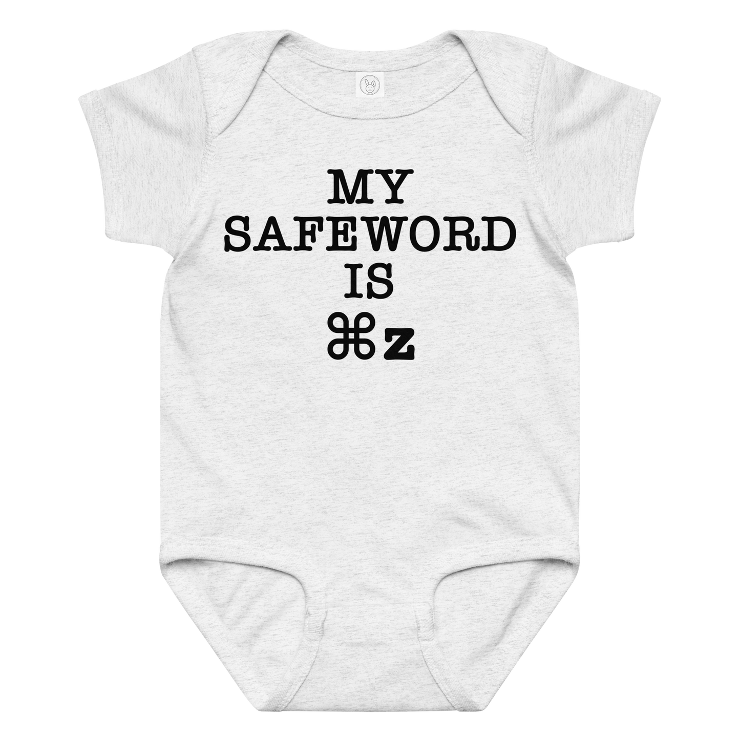 "My Safe Word Is ⌘Z" printed on a ash baby jersey bodysuit laying on a flat surface amongst other clothes