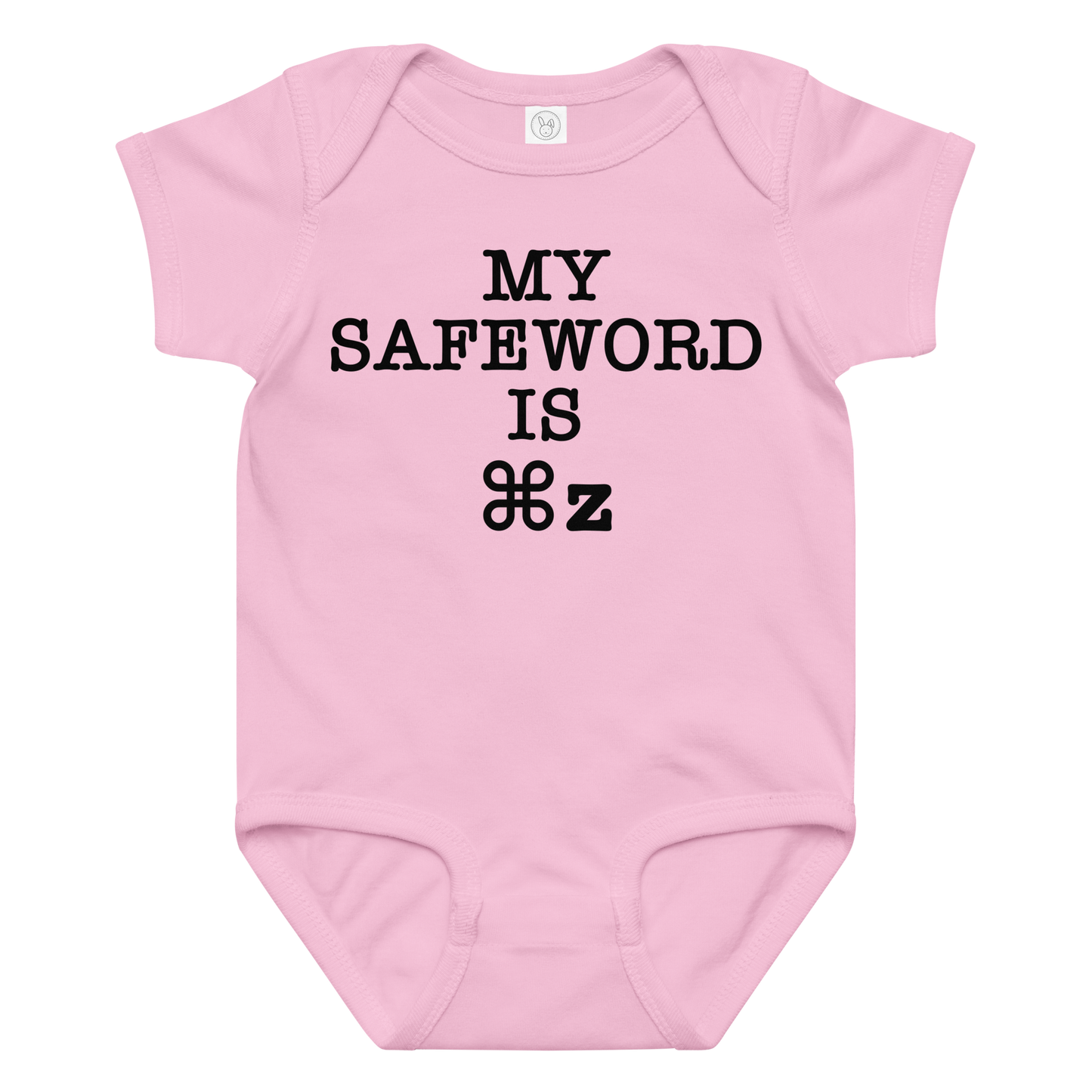 "My Safe Word Is ⌘Z" printed on a pink baby jersey bodysuit laying on a flat surface amongst other clothes