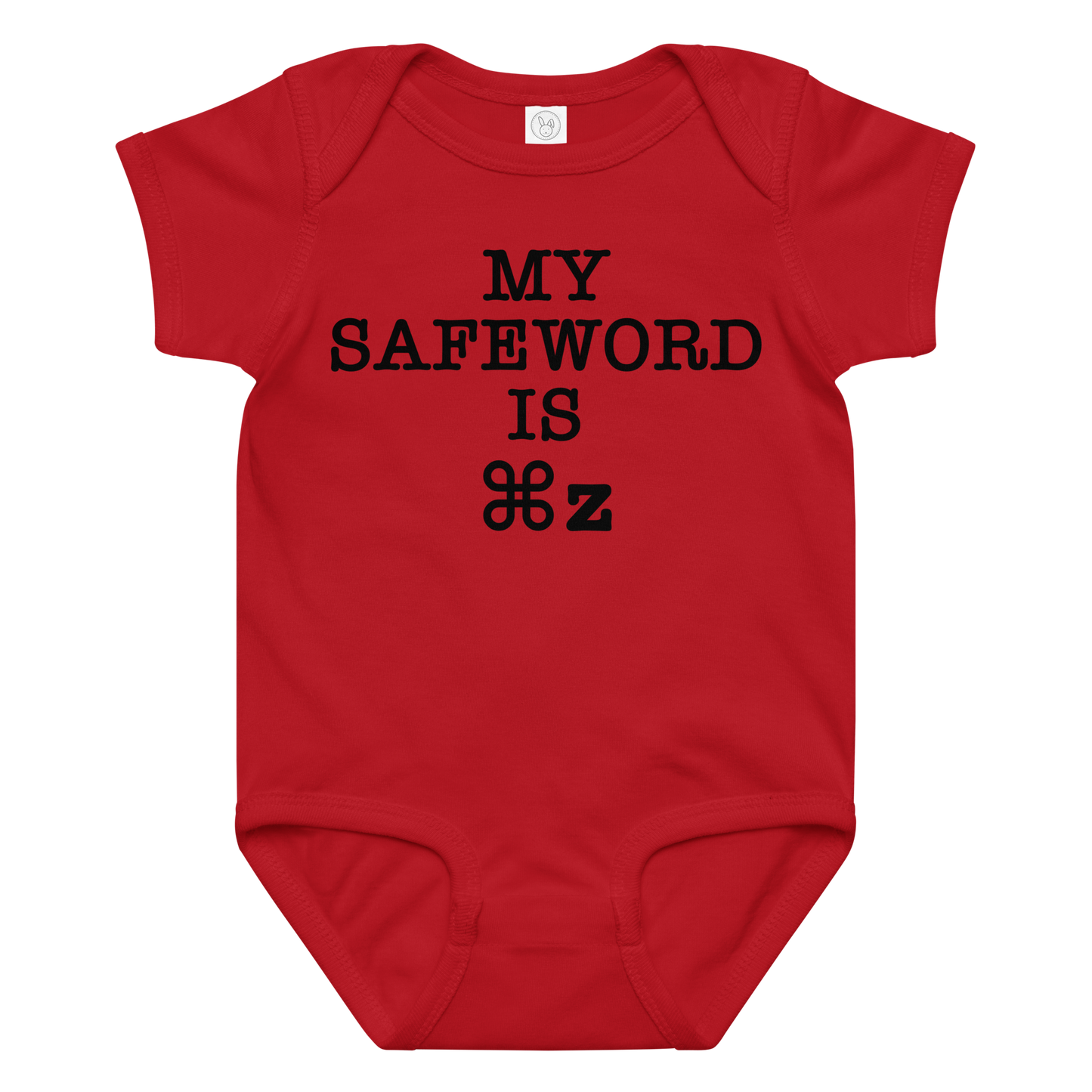 "My Safe Word Is ⌘Z" printed on a red baby jersey bodysuit laying on a flat surface amongst other clothes