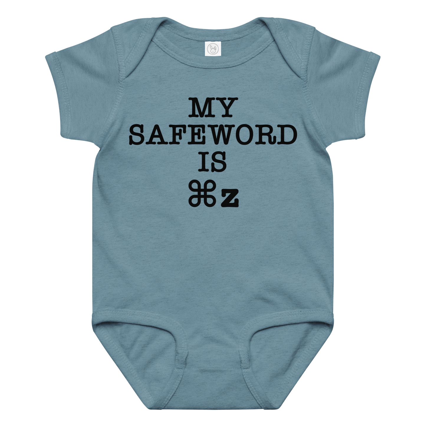 "My Safe Word Is ⌘Z" printed on a vintage indigo baby jersey bodysuit laying on a flat surface amongst other clothes