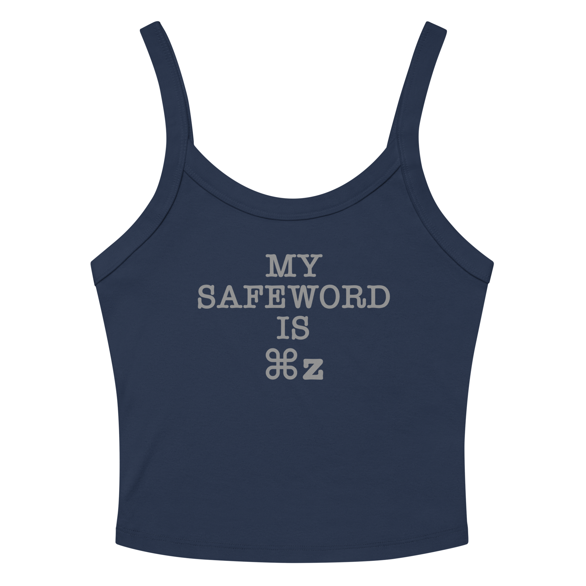 "My Safe Word Is ⌘Z" printed on a solid navy blend women's micro-rib tanktop laying on a flat surface amongst sunglasses and shorts