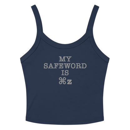 "My Safe Word Is ⌘Z" printed on a solid navy blend women's micro-rib tanktop laying on a flat surface amongst sunglasses and shorts
