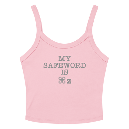 "My Safe Word Is ⌘Z" printed on a solid pink blend women's micro-rib tanktop laying on a flat surface amongst sunglasses and shorts