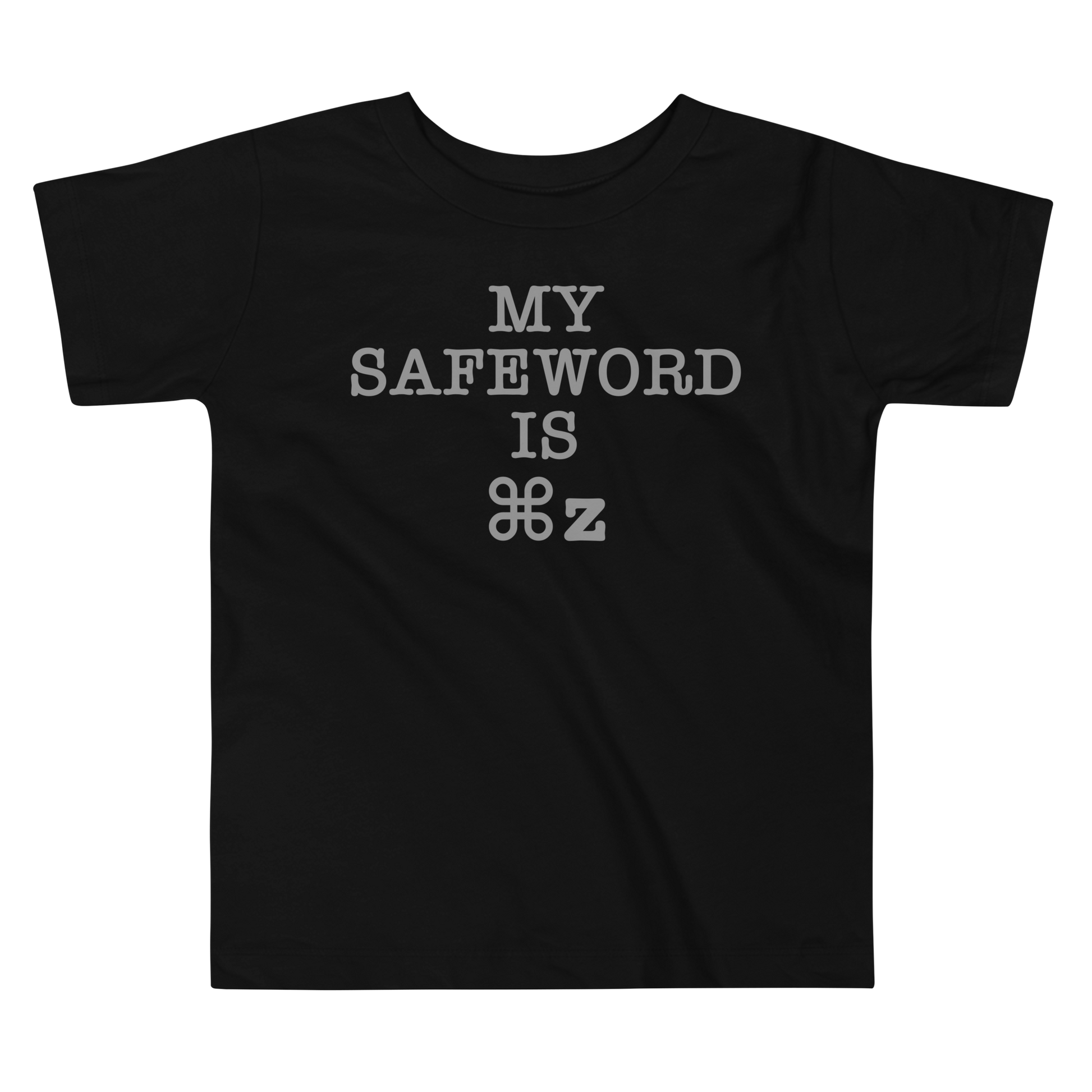 "My Safe Word Is ⌘Z" printed on a black toddler short sleeve tee laying on a flat surface