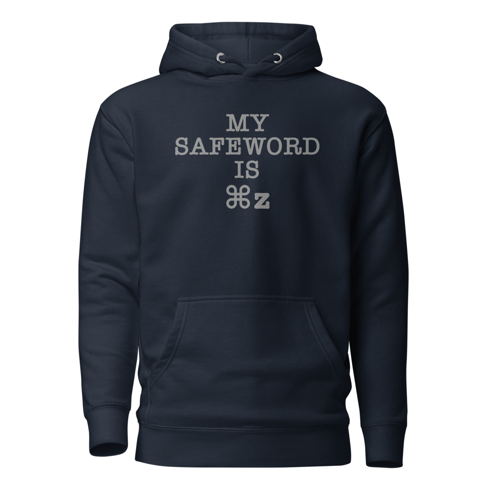 "My Safe Word Is ⌘Z" printed on a navy blazer on an invisible / simulated body