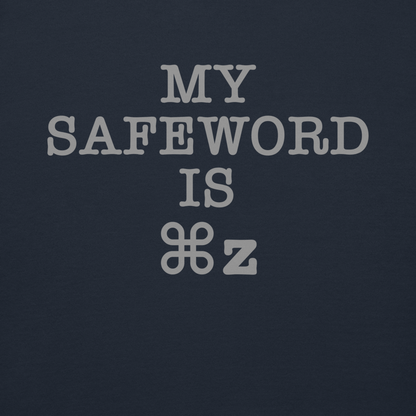"My Safe Word Is ⌘Z" printed on a navy blazer background