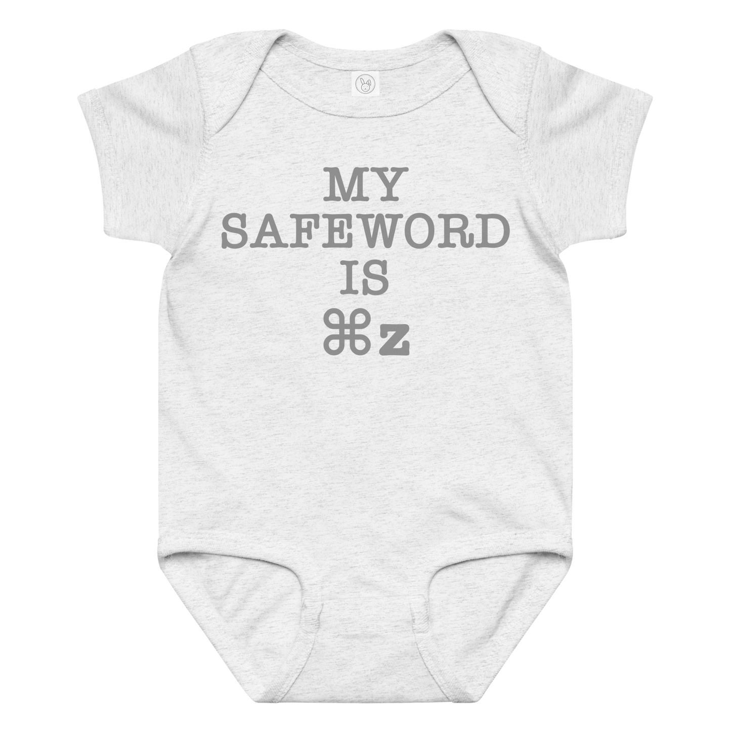 "My Safe Word Is ⌘Z" printed on a ash baby jersey bodysuit laying on a flat surface amongst other clothes