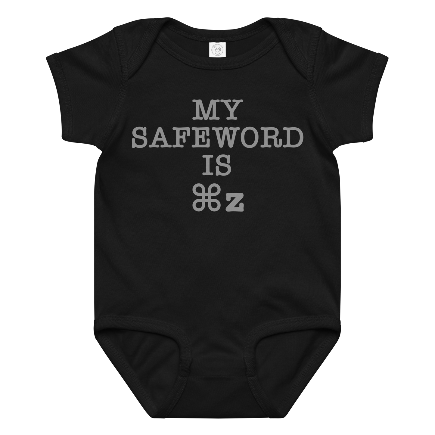 "My Safe Word Is ⌘Z" printed on a black baby jersey bodysuit laying on a flat surface amongst other clothes