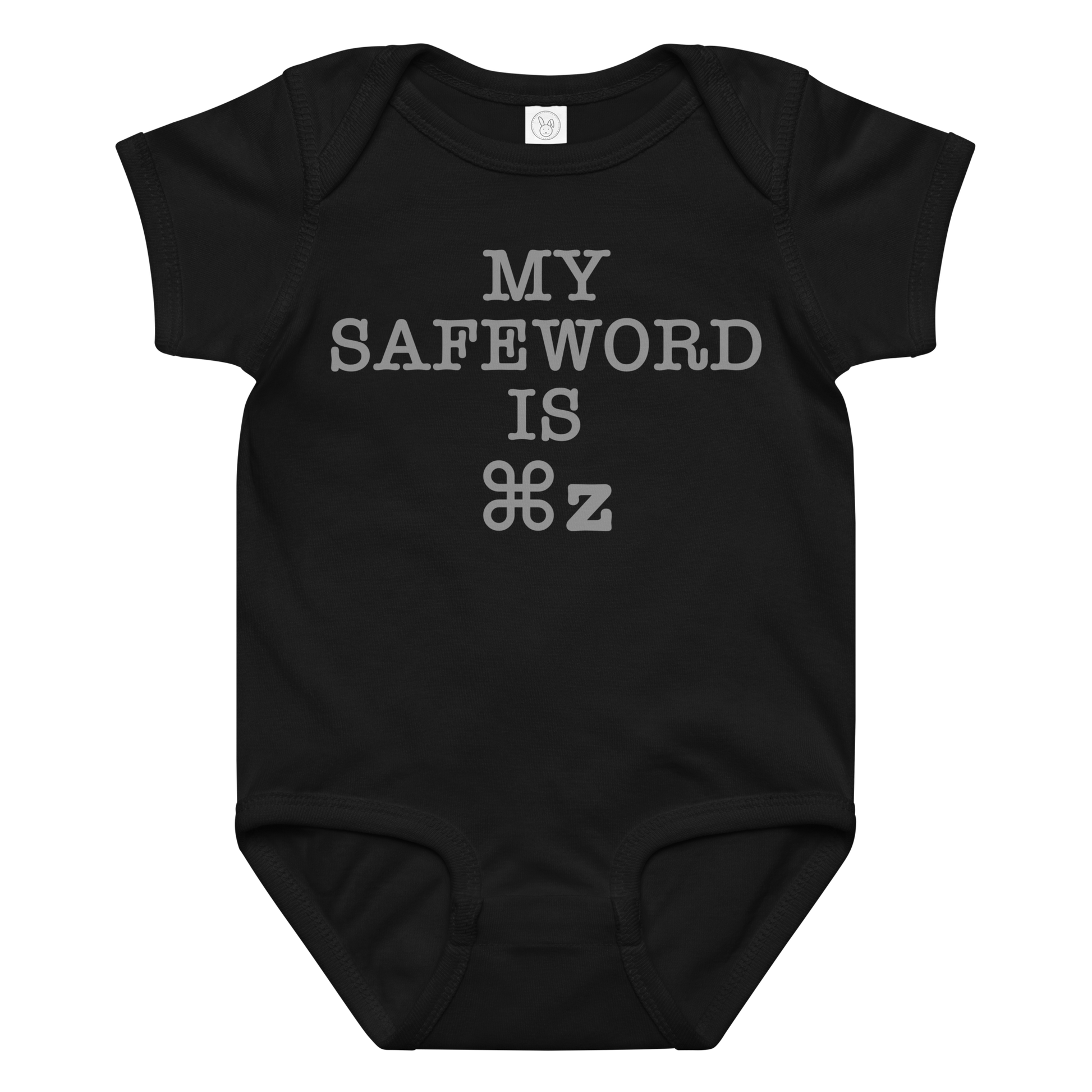 "My Safe Word Is ⌘Z" printed on a black baby jersey bodysuit laying on a flat surface amongst other clothes