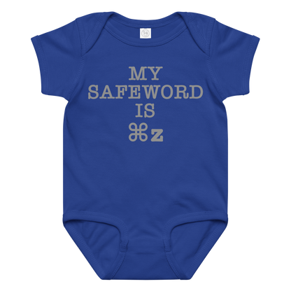 "My Safe Word Is ⌘Z" printed on a royal baby jersey bodysuit laying on a flat surface amongst other clothes