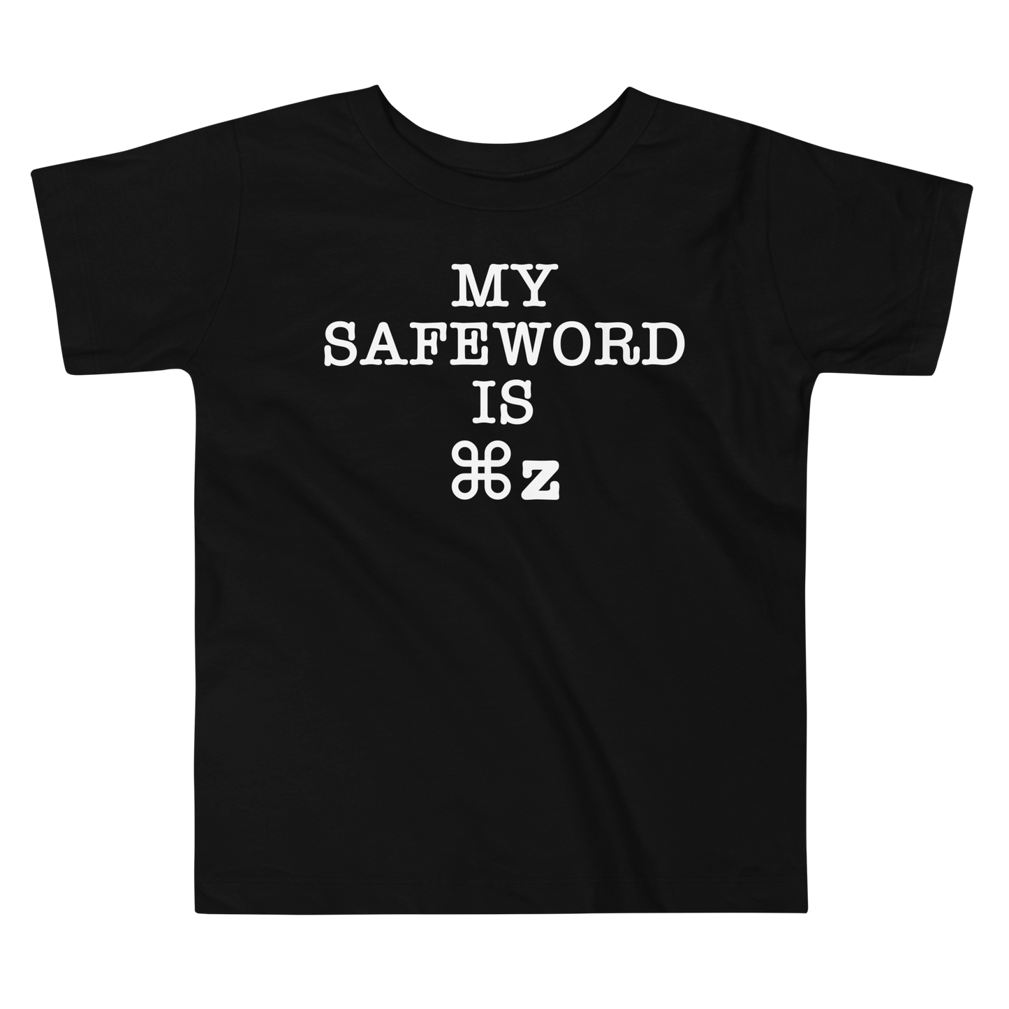 "My Safe Word Is ⌘Z" printed on a black toddler short sleeve tee laying on a flat surface