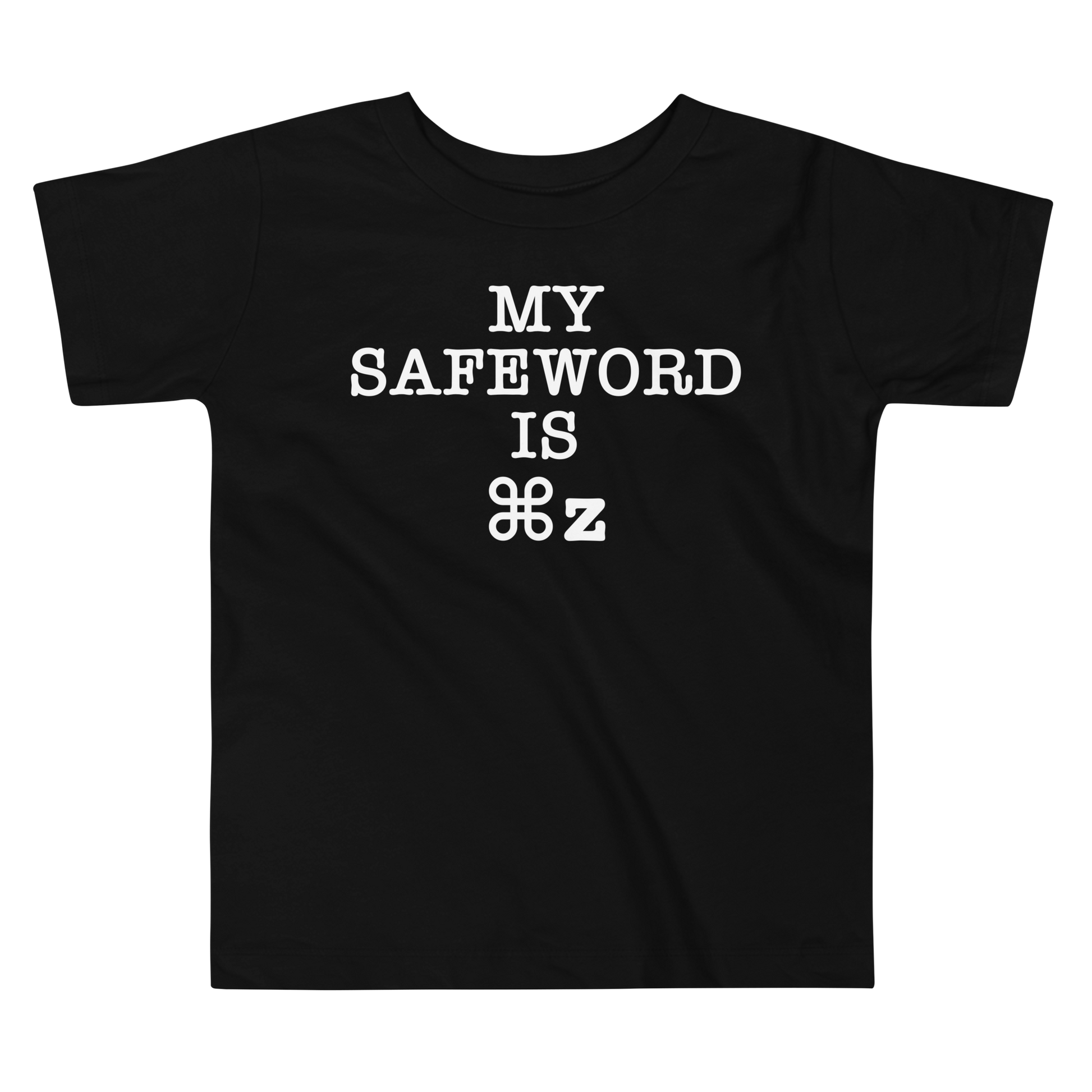 "My Safe Word Is ⌘Z" printed on a black toddler short sleeve tee laying on a flat surface