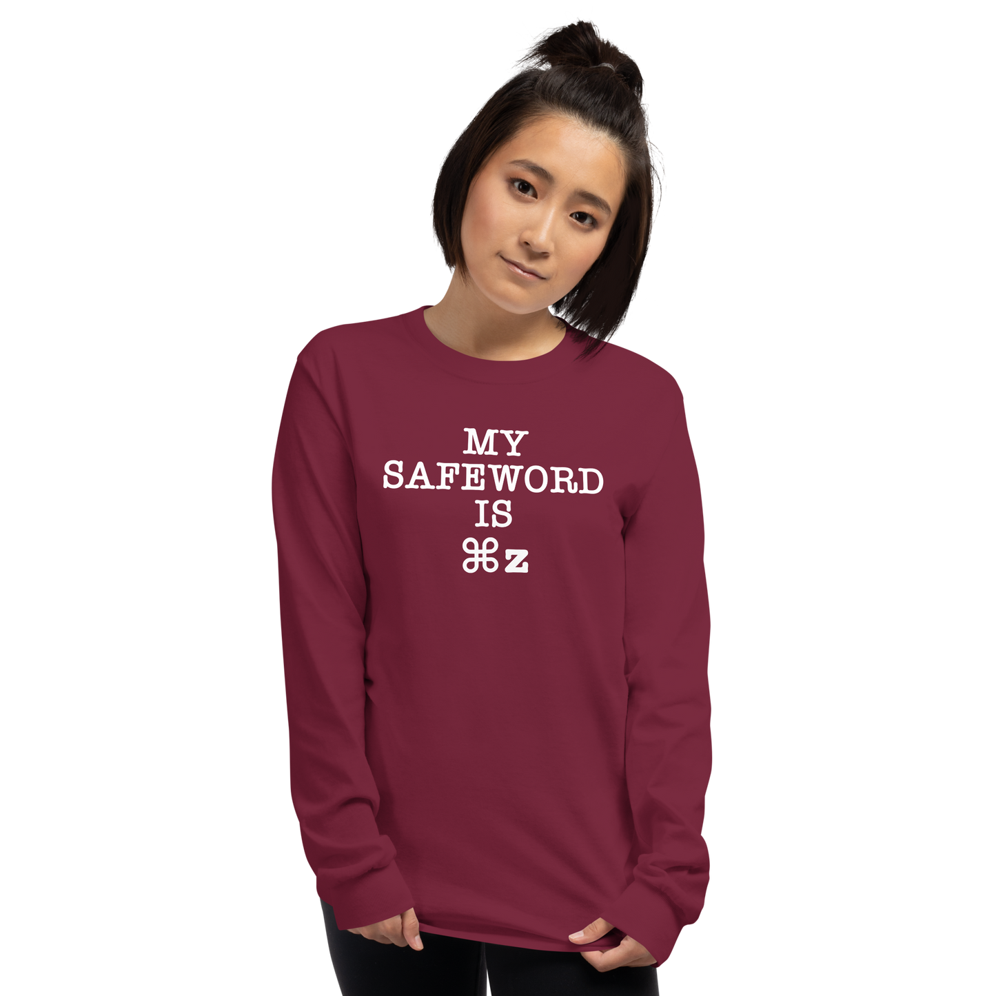 "My Safe Word Is ⌘Z" printed on a maroon men's long sleeve shirt worn by a female