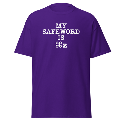 "My Safe Word Is ⌘Z" printed on a purple on an invisible body