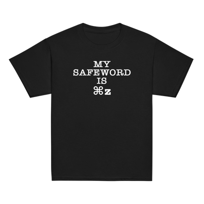 "My Safe Word Is ⌘Z" printed on a black youth classic tee laying on a flat surface