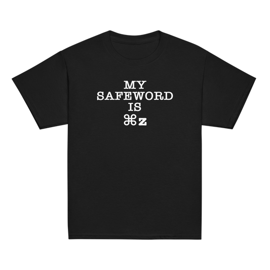 "My Safe Word Is ⌘Z" printed on a black youth classic tee laying on a flat surface