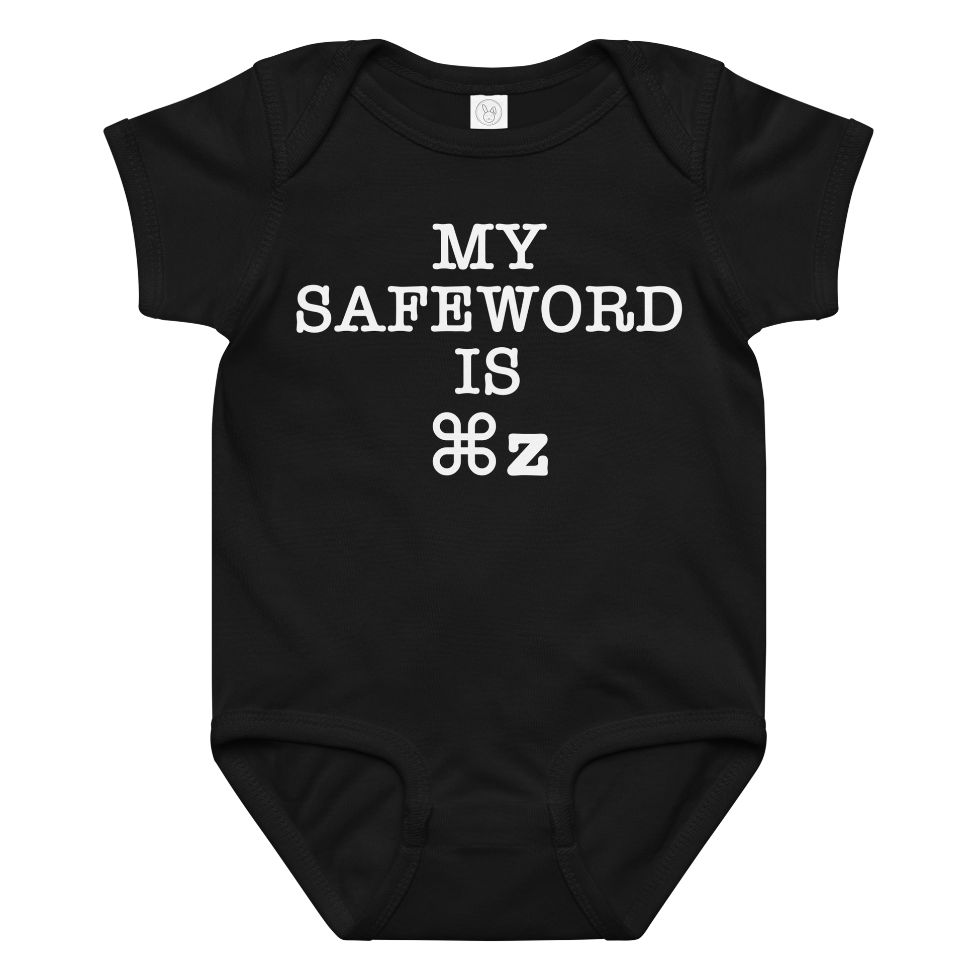 "My Safe Word Is ⌘Z" printed on a black baby jersey bodysuit laying on a flat surface amongst other clothes