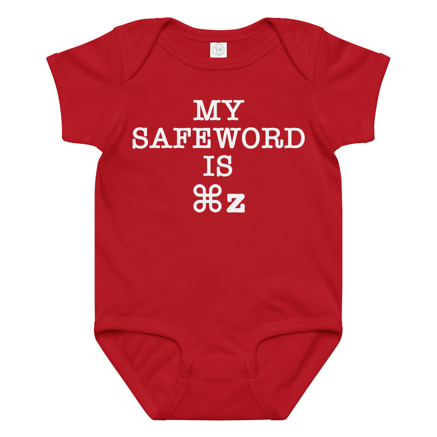 "My Safe Word Is ⌘Z" printed on a red baby jersey bodysuit laying on a flat surface amongst other clothes