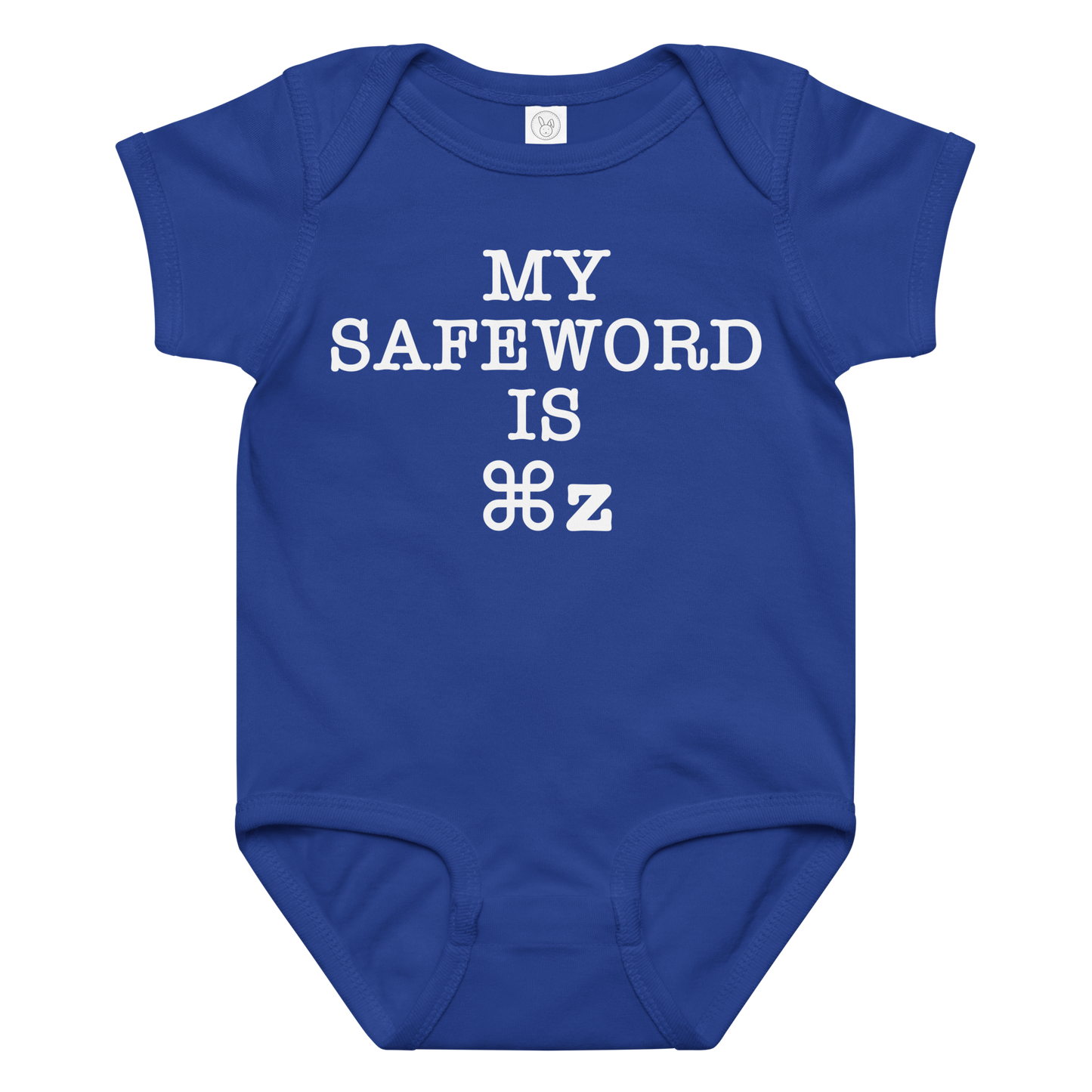 "My Safe Word Is ⌘Z" printed on a royal baby jersey bodysuit laying on a flat surface amongst other clothes