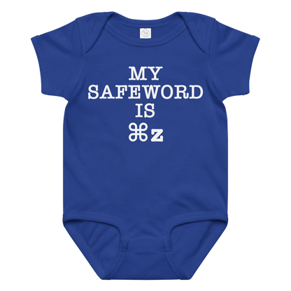 "My Safe Word Is ⌘Z" printed on a royal baby jersey bodysuit laying on a flat surface amongst other clothes
