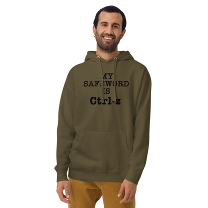 "My Safe Word Is Ctrl-Z" printed on a military green warn by a male