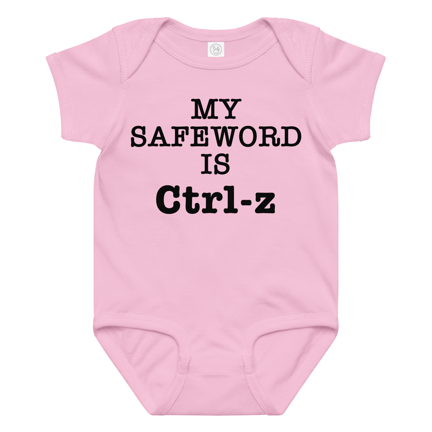 "My Safe Word Is Ctrl-Z" printed on a pink baby jersey bodysuit laying on a flat surface amongst other clothes