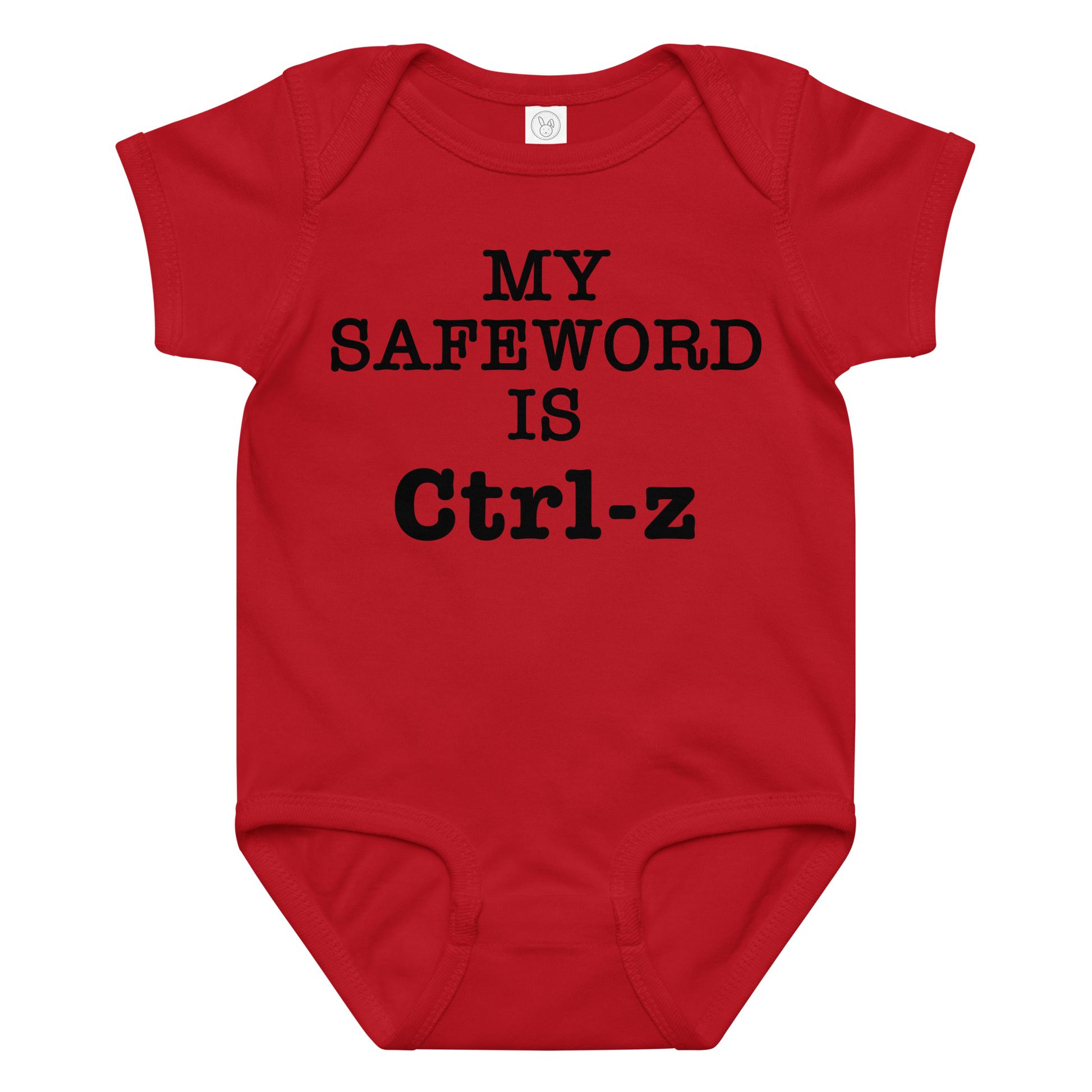 "My Safe Word Is Ctrl-Z" printed on a red baby jersey bodysuit laying on a flat surface amongst other clothes