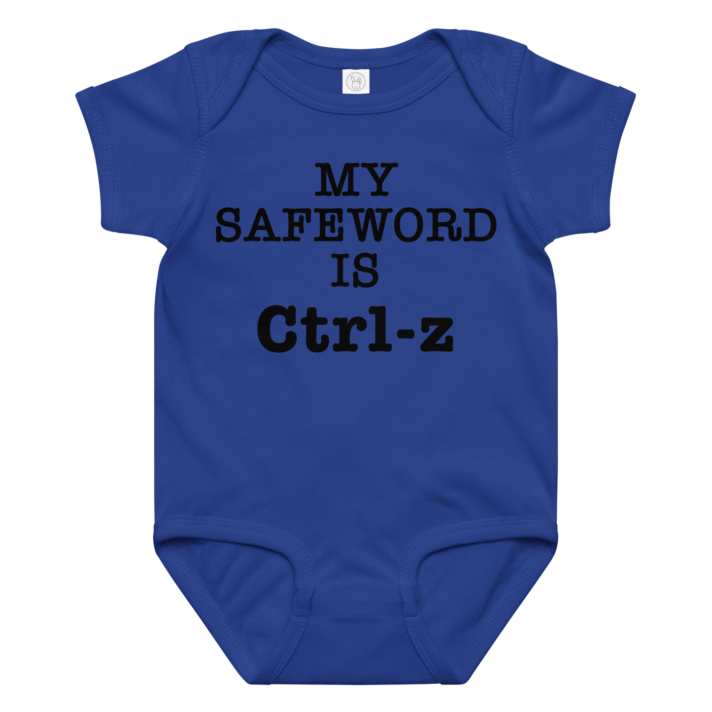 "My Safe Word Is Ctrl-Z" printed on a royal baby jersey bodysuit laying on a flat surface amongst other clothes