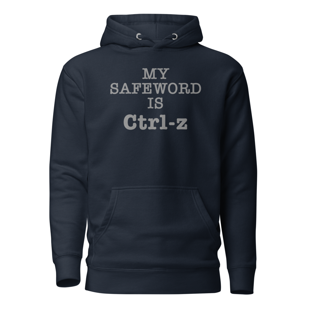 "My Safe Word Is Ctrl-Z" printed on a navy blazer on an invisible / simulated body