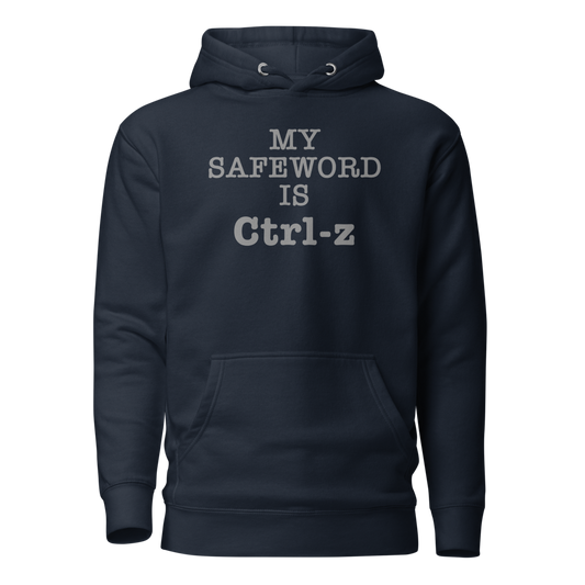 "My Safe Word Is Ctrl-Z" printed on a navy blazer on an invisible / simulated body