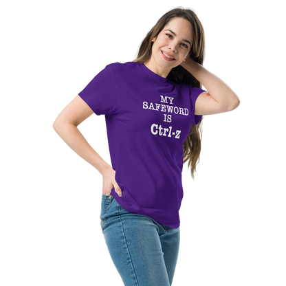 "My Safe Word Is Ctrl-Z" printed on a purple unisex classic tee worn by a female