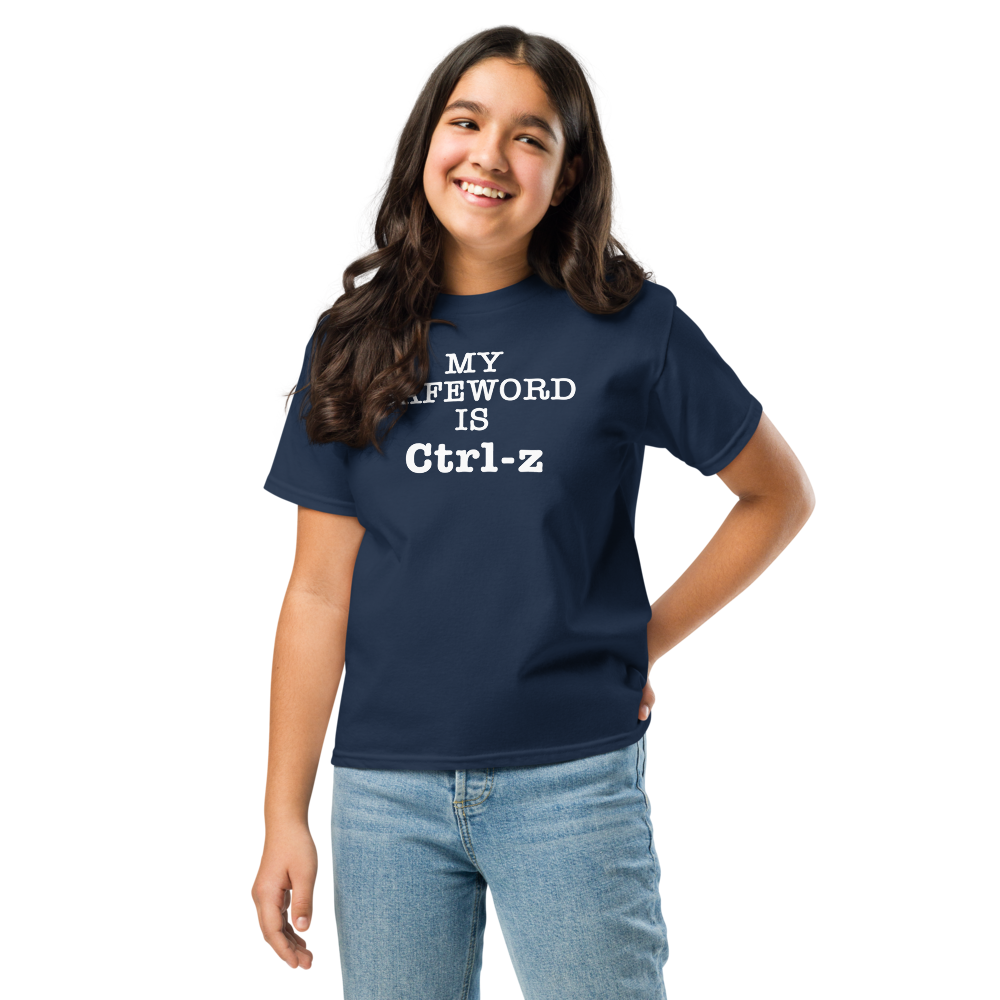 "My Safe Word Is Ctrl-Z" printed on a navy youth classic tee worn by a female