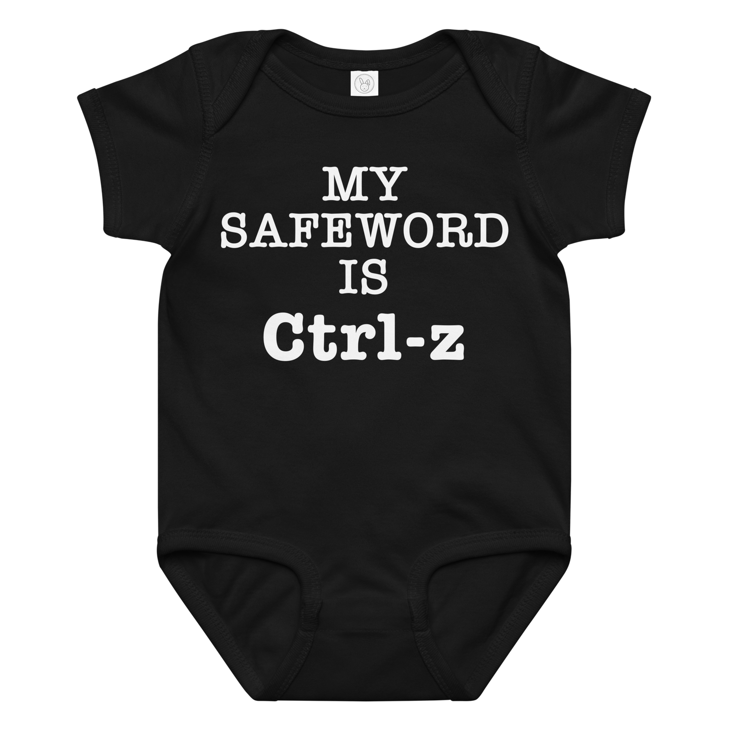 "My Safe Word Is Ctrl-Z" printed on a black baby jersey bodysuit laying on a flat surface amongst other clothes