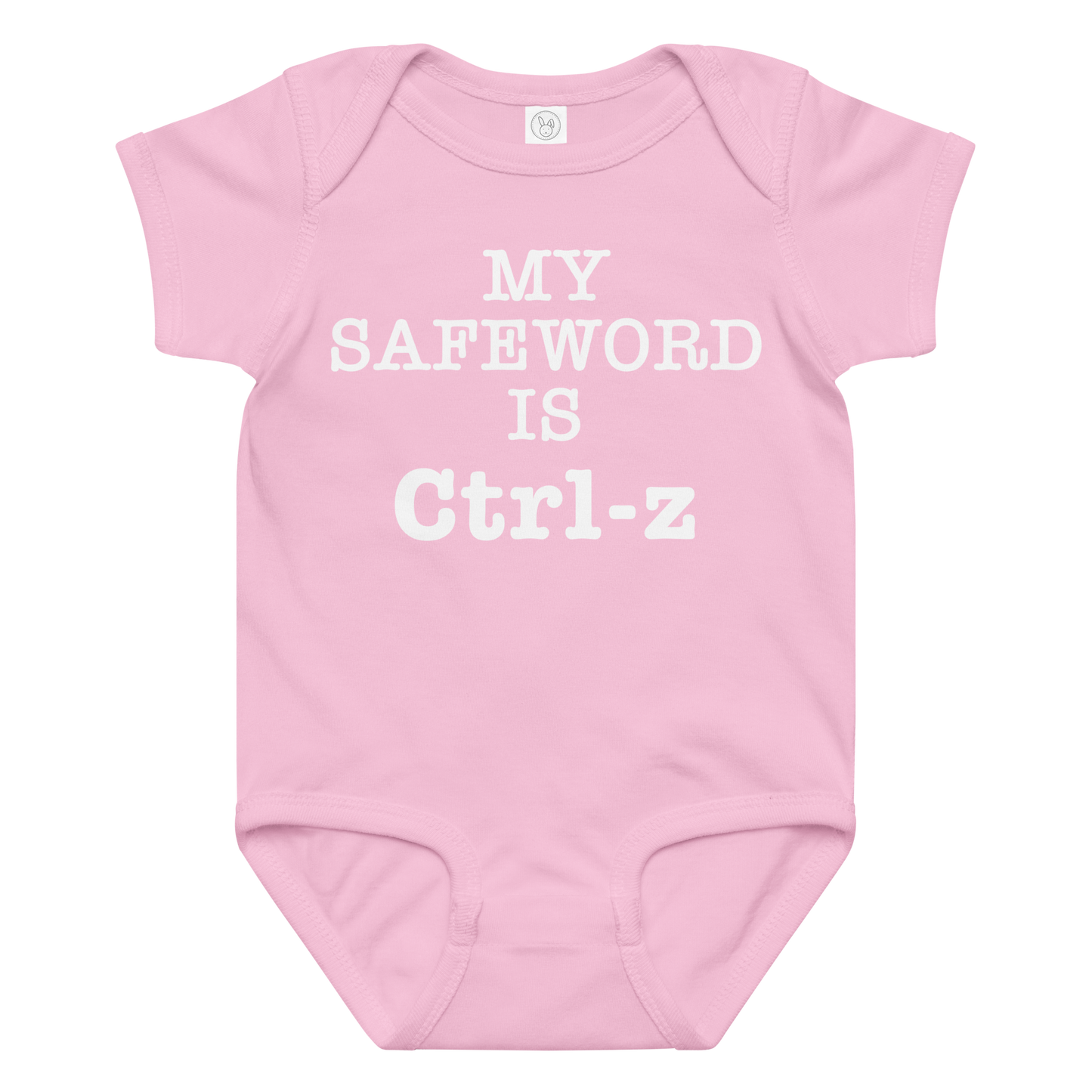 "My Safe Word Is Ctrl-Z" printed on a pink baby jersey bodysuit laying on a flat surface amongst other clothes