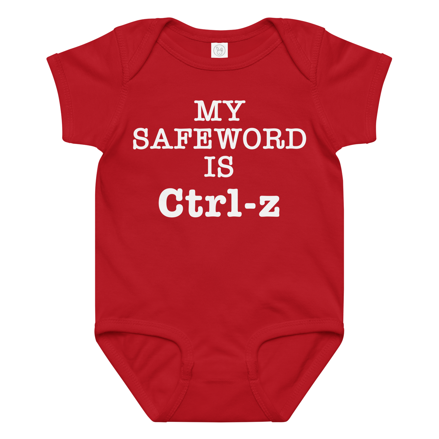 "My Safe Word Is Ctrl-Z" printed on a red baby jersey bodysuit laying on a flat surface amongst other clothes