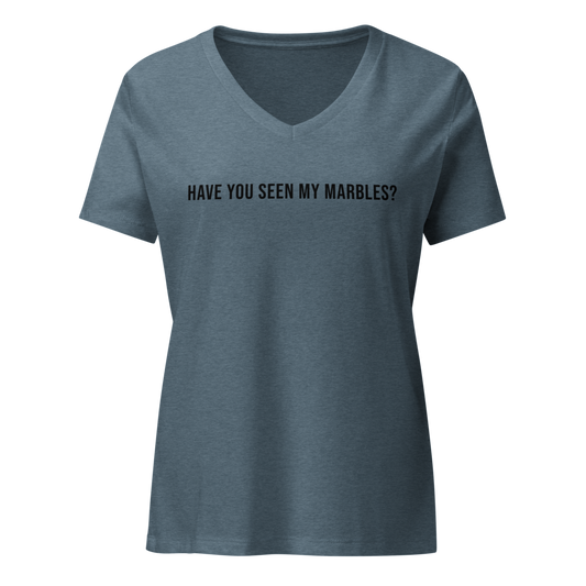 "Have you seen my marbles?" printed on a heather slate on an invisible / simulated body