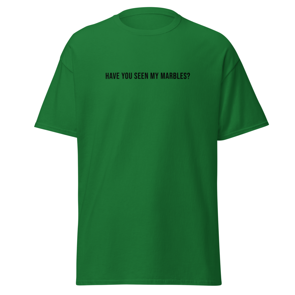 "Have you seen my marbles?" printed on a turf green on an invisible body