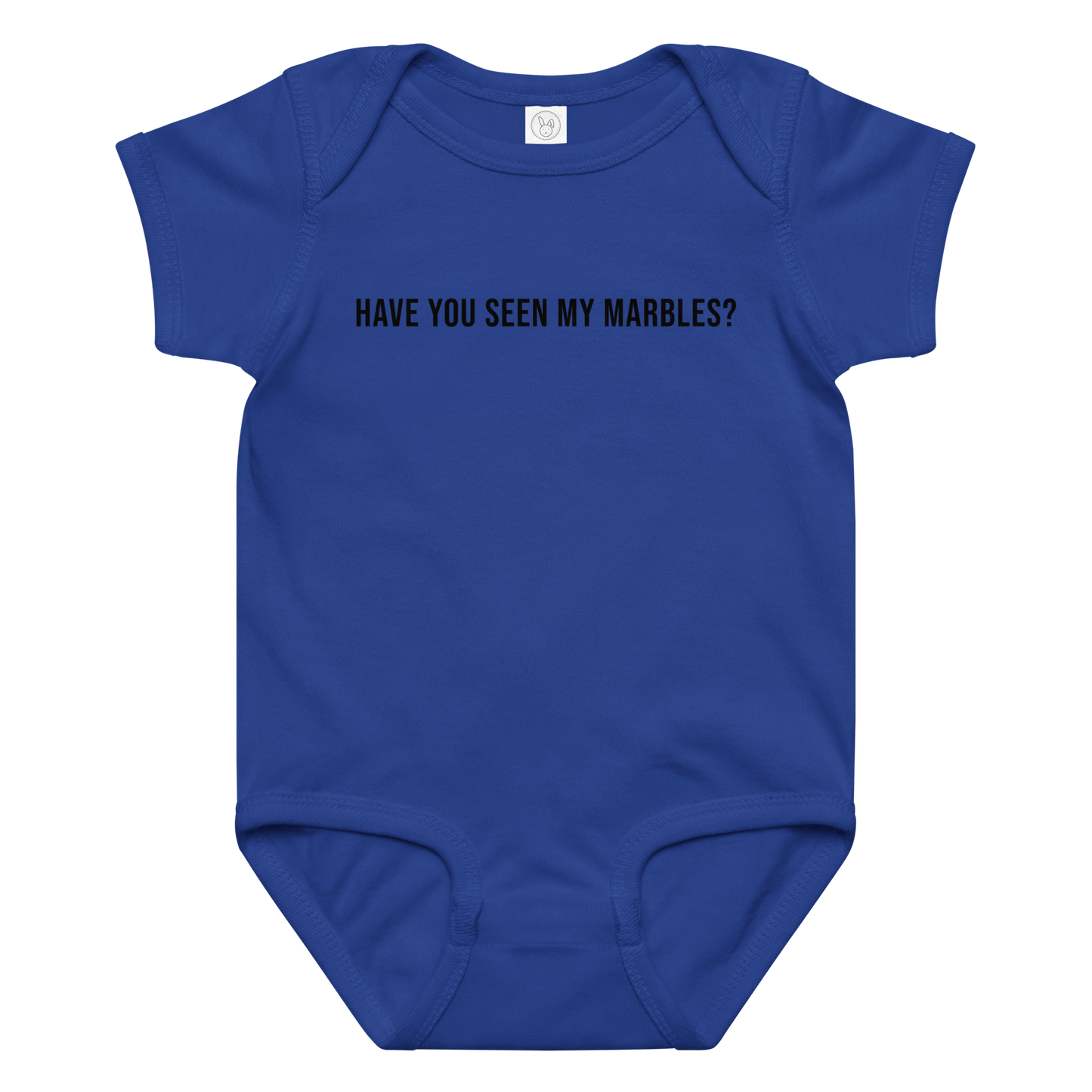 "Have you seen my marbles?" printed on a royal baby jersey bodysuit laying on a flat surface amongst other clothes